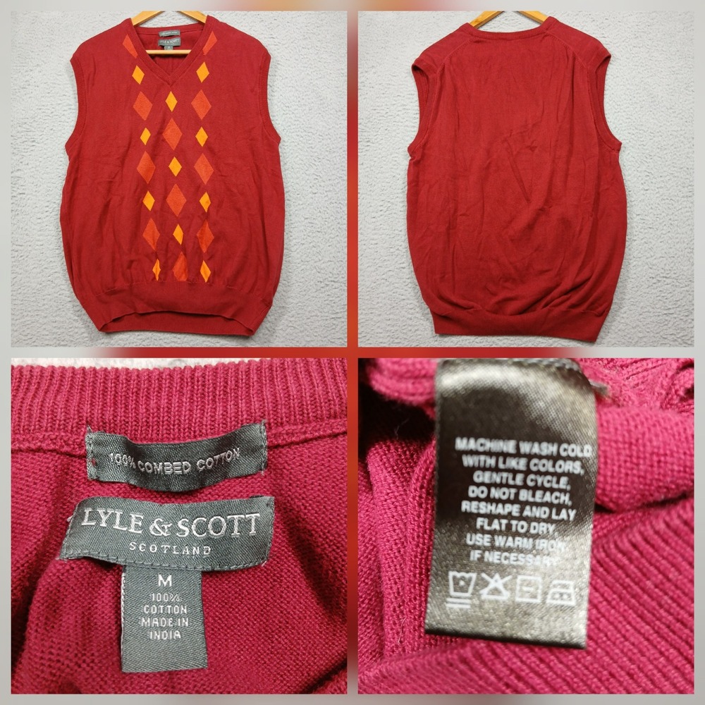 Lyle & Scott Argyle Sweater Vest Men's M Red Orange 100%‎ Cotton